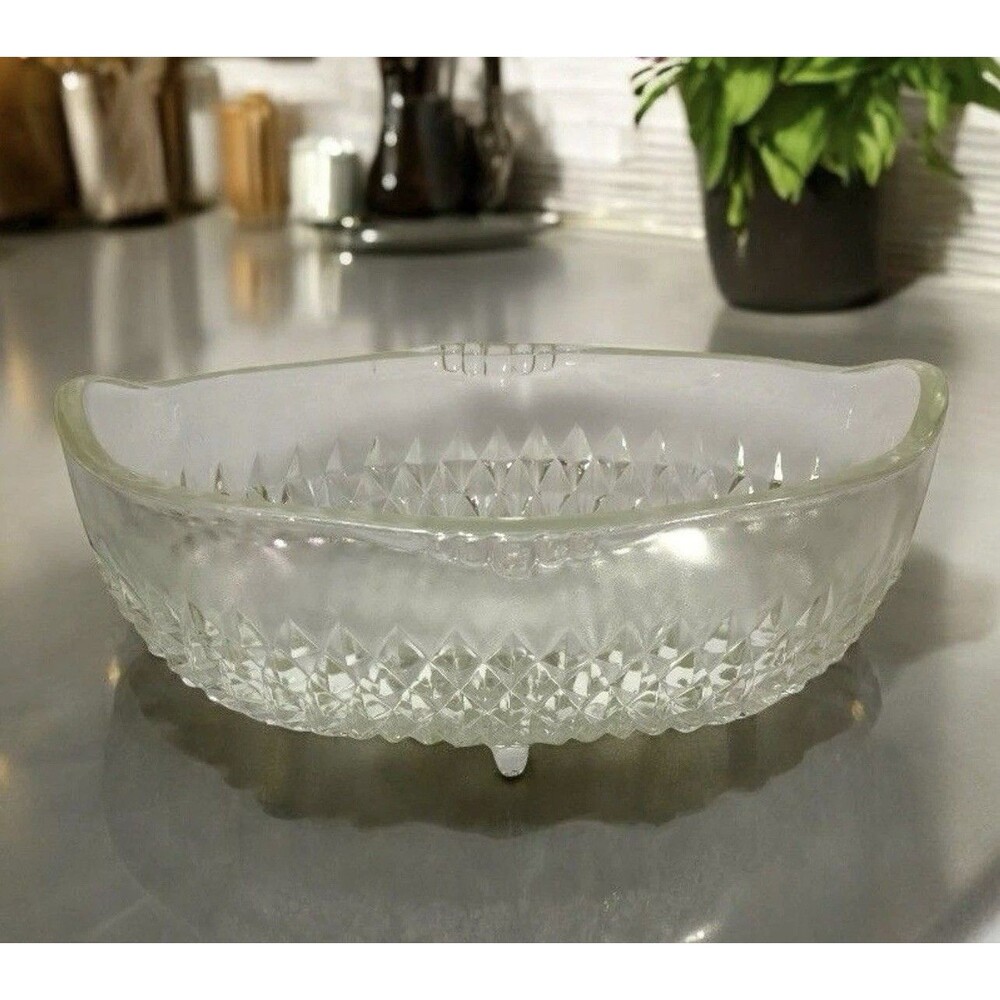 Vintage Indiana Glass Diamond Point Crystal Clear Footed Oval Bowl